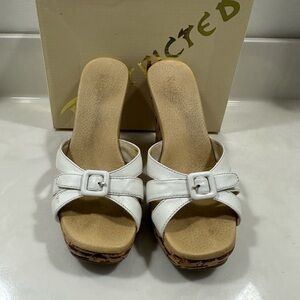 Restricted cork wedge white with brown design on wedge platform sandals
